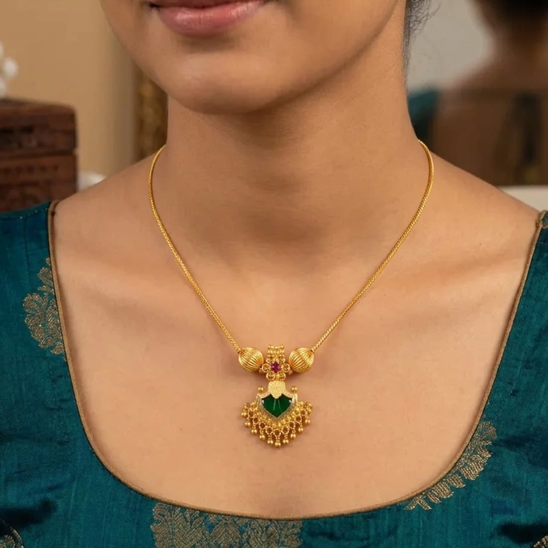 Gold-Plated Green Palakka Pendant Necklace