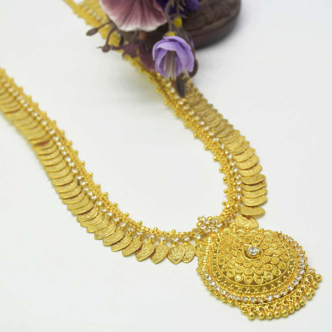 Gold Plated Lakshmi Kashu Model Cz Long Chain Haram