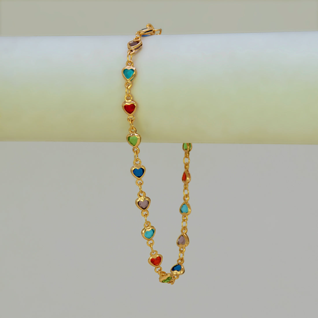 Gold-Plated Multi-Color Heart Stone Chain Bracelet