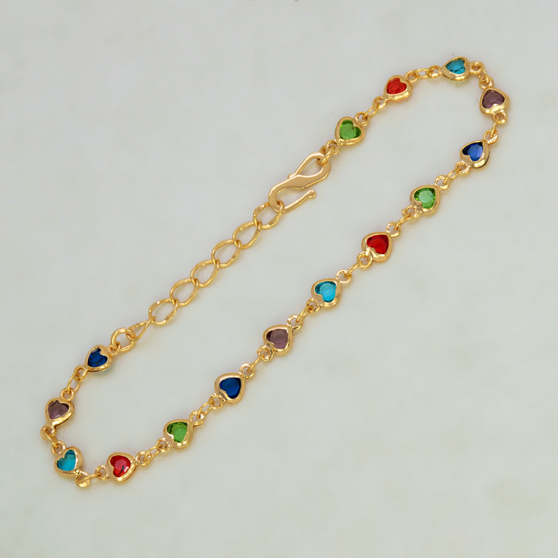 Gold-Plated Multi-Color Heart Stone Chain Bracelet