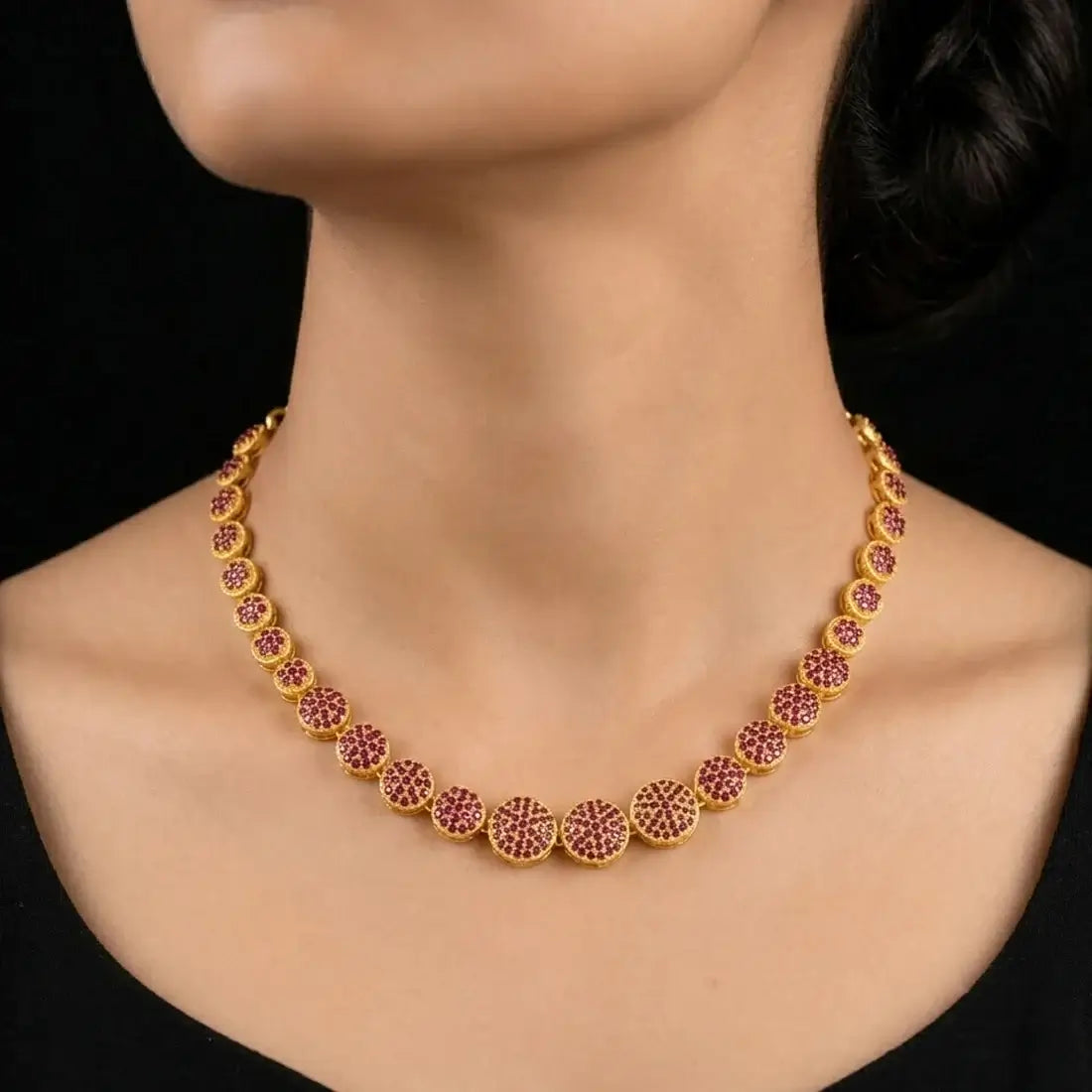 Gold-Plated Round Design Stone Necklace, shown worn on a model's neck against a black background.