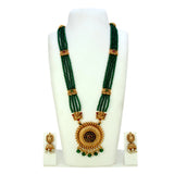 Ethnic Matte Gold Lakshmi Green Beads Long Chain Set