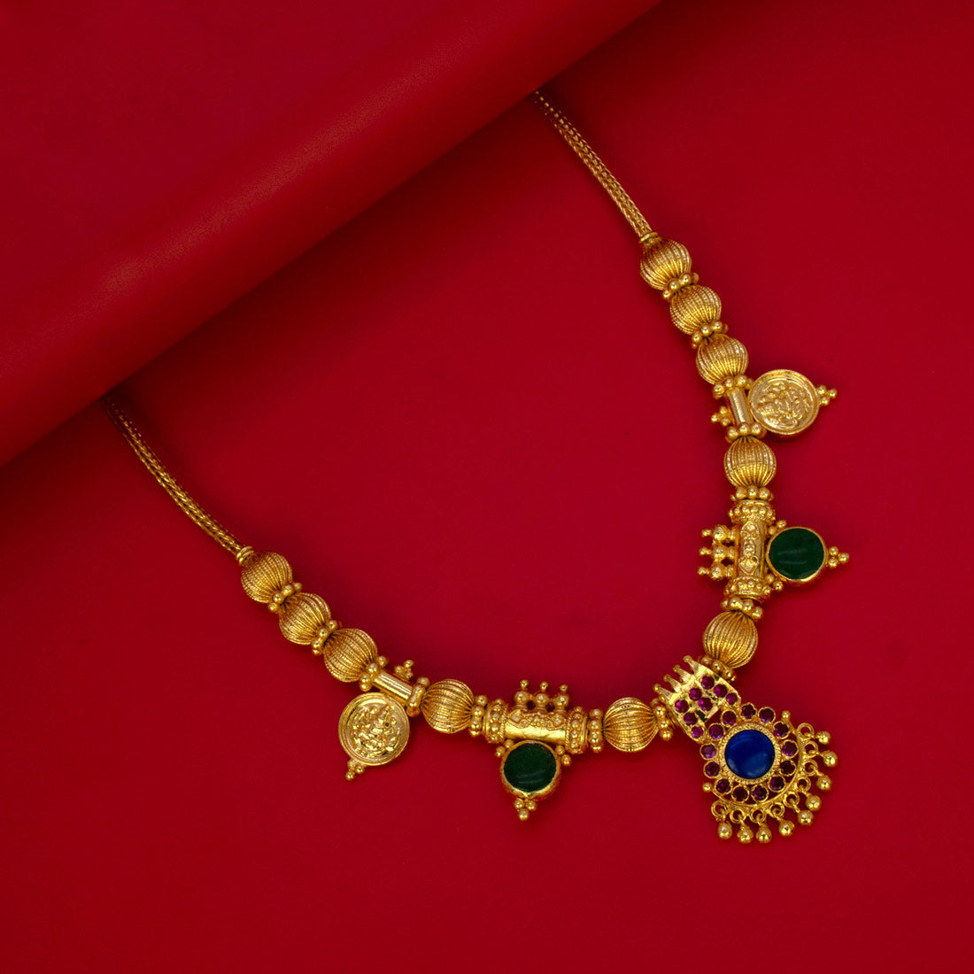 Gold-Plated-Ruby-Palakka-Beaded-Kasu-Necklace