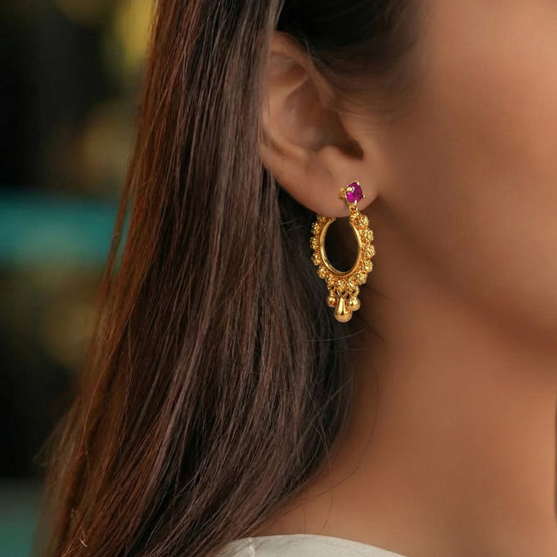 Gold-Plated-Ruby-Stone-Studded-Hoop-Earrings