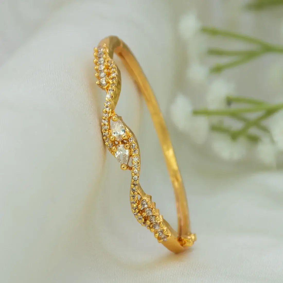 Gold-Plated Kids Stone Open Bangle Bracelet with ruby and emerald stones and elegant design.