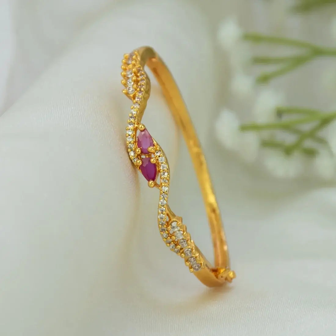 Gold-Plated Kids Stone Open Bangle Bracelet with ruby and emerald stones and elegant design.