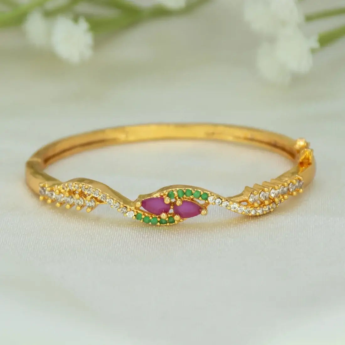 Gold-Plated Kids Stone Open Bangle Bracelet with ruby and emerald stones and elegant design.