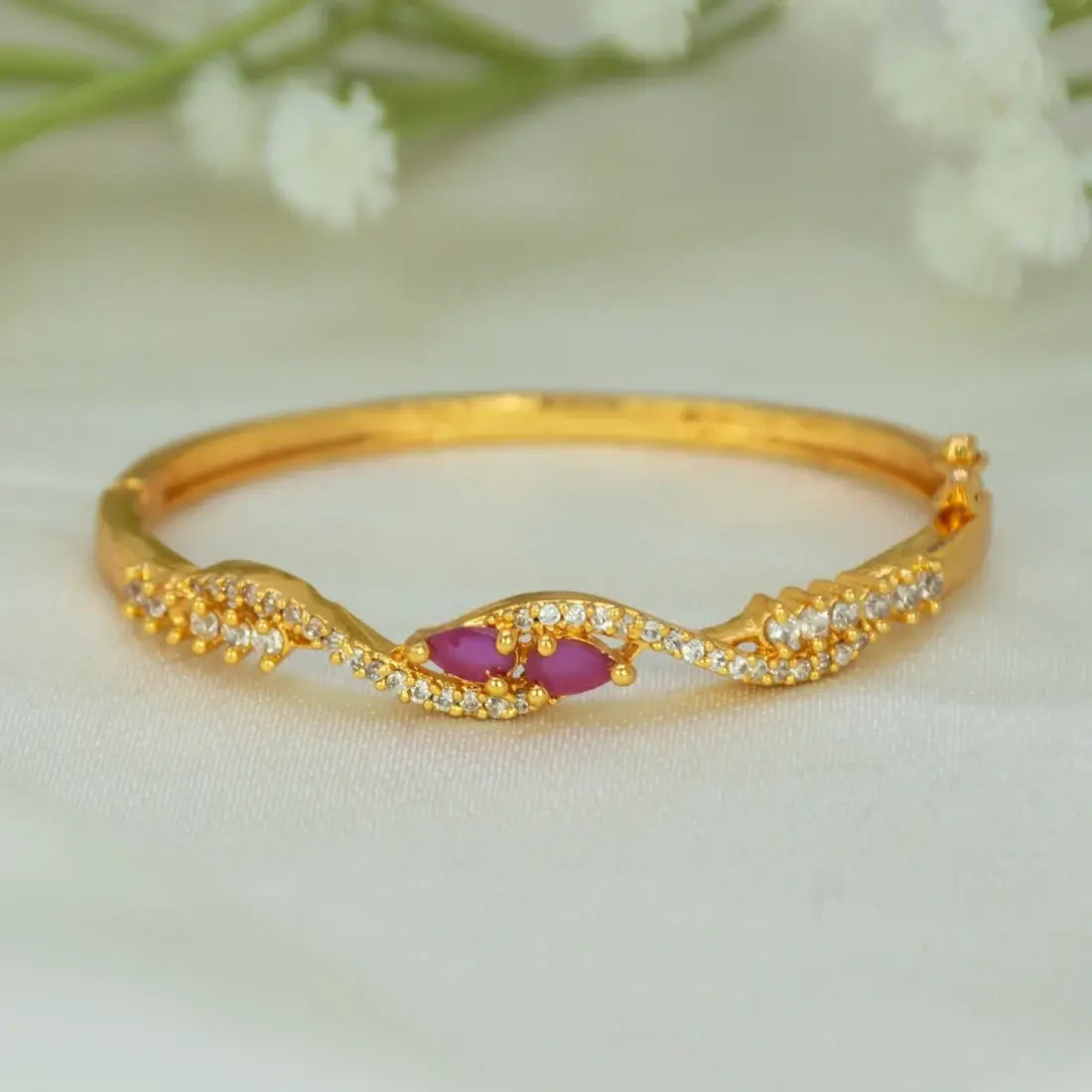 Gold-Plated Kids Stone Open Bangle Bracelet with ruby and emerald stones and elegant design.