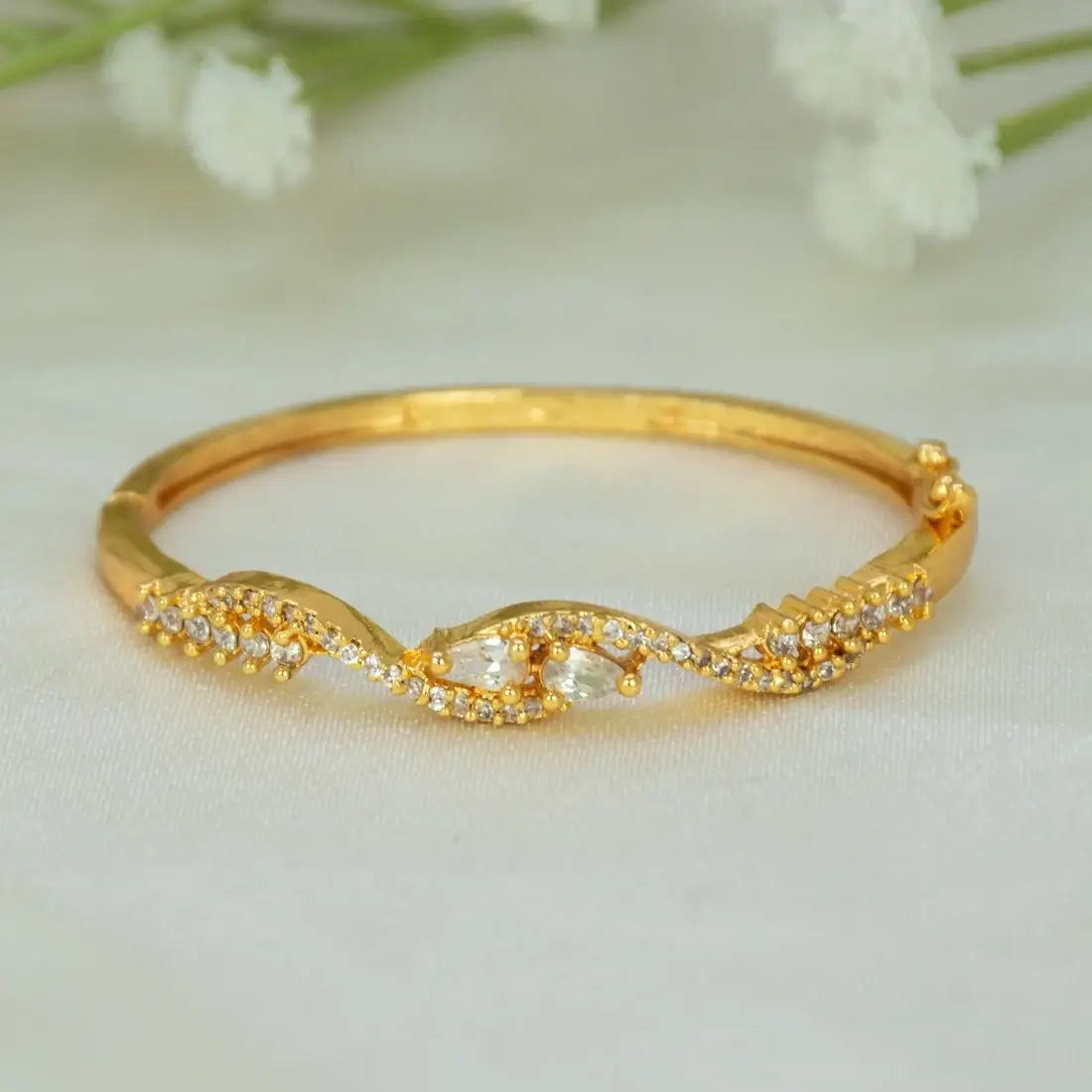 Gold-Plated Kids Stone Open Bangle Bracelet with ruby and emerald stones and elegant design.