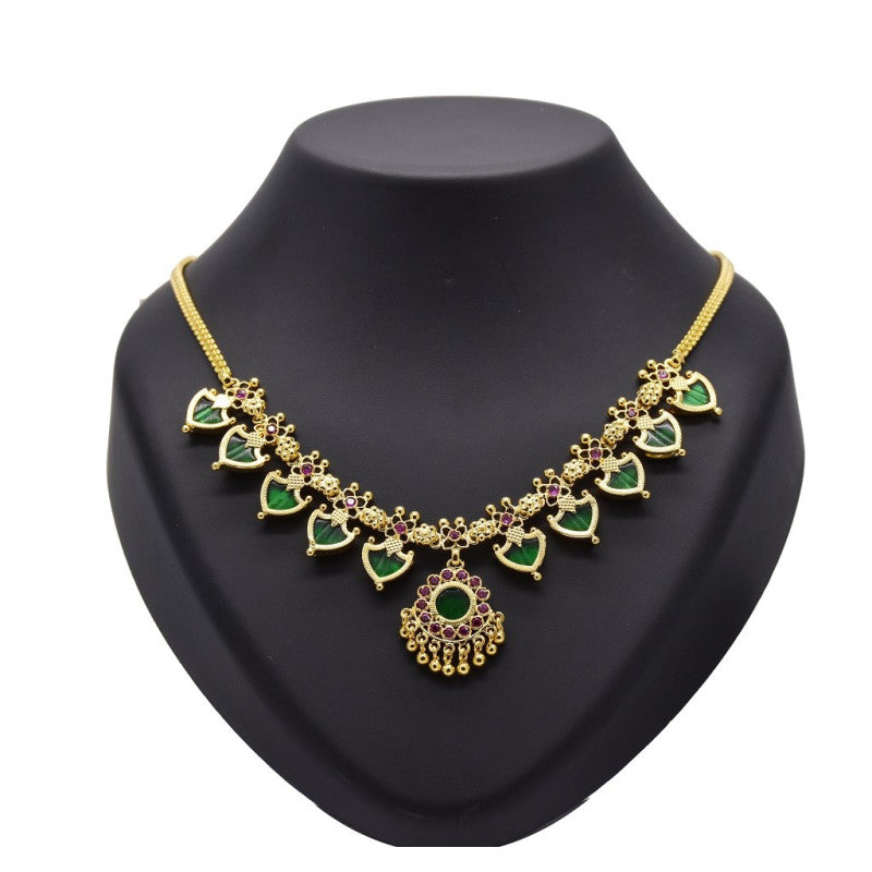 Gold-Plated-Traditional-Indian-Green-Palakka-Necklace-5 Stones