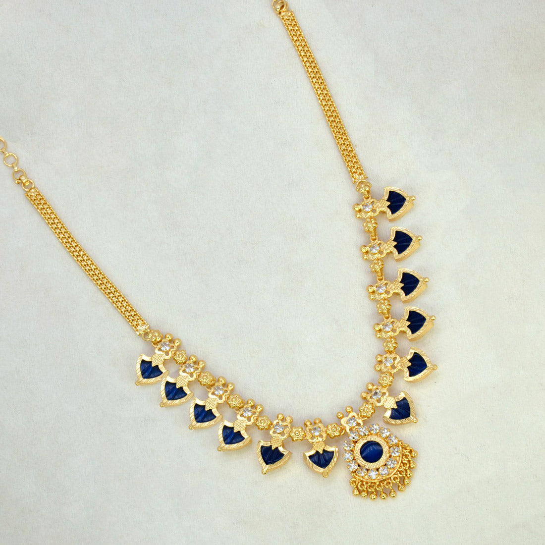 Gold Plated Ethnic Palakka Necklace - 6 Stones- Blue