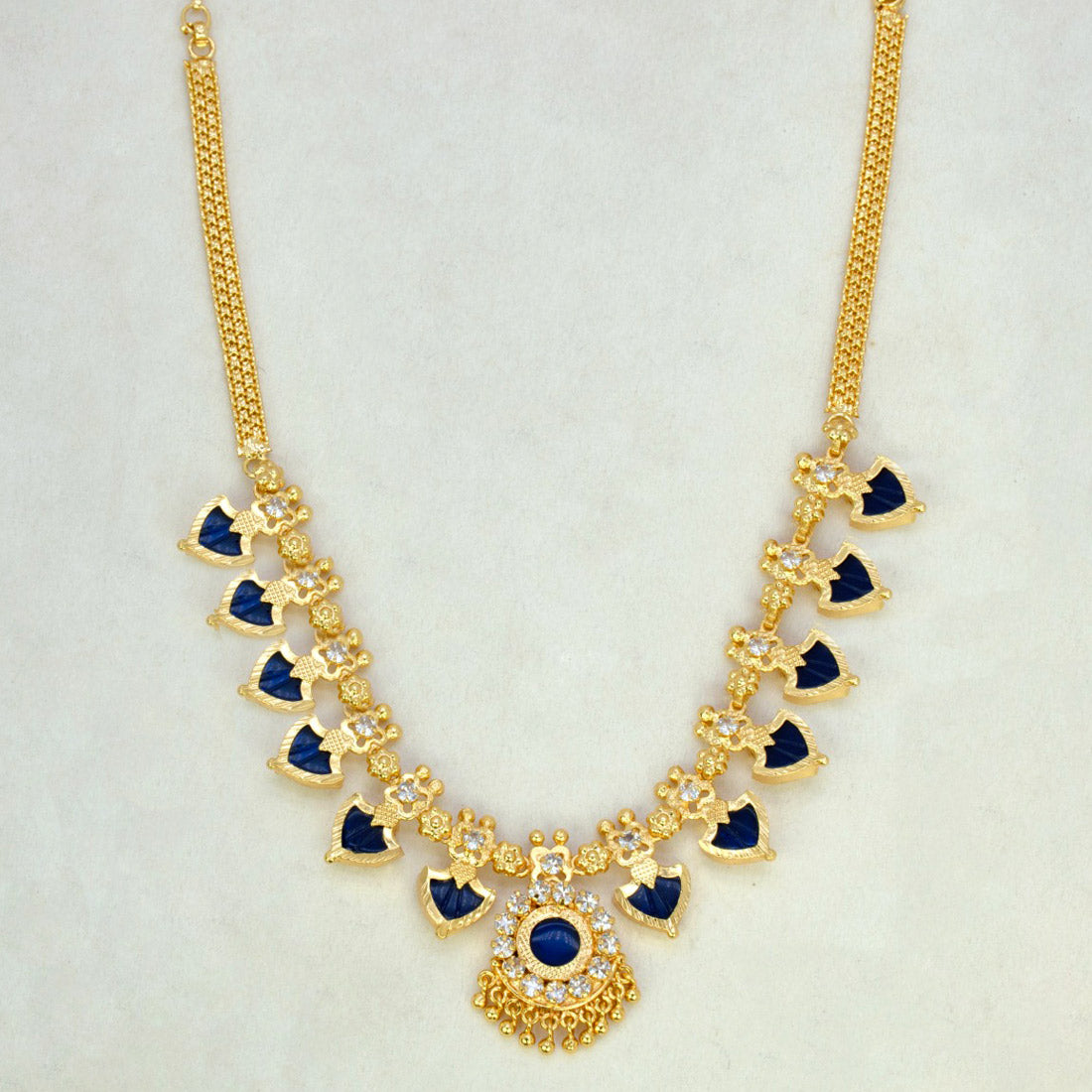 Gold Plated Ethnic Palakka Necklace - 6 Stones- Blue