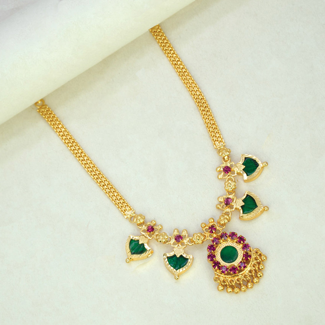 Gold Plated Double Palakka Necklace Dark Green