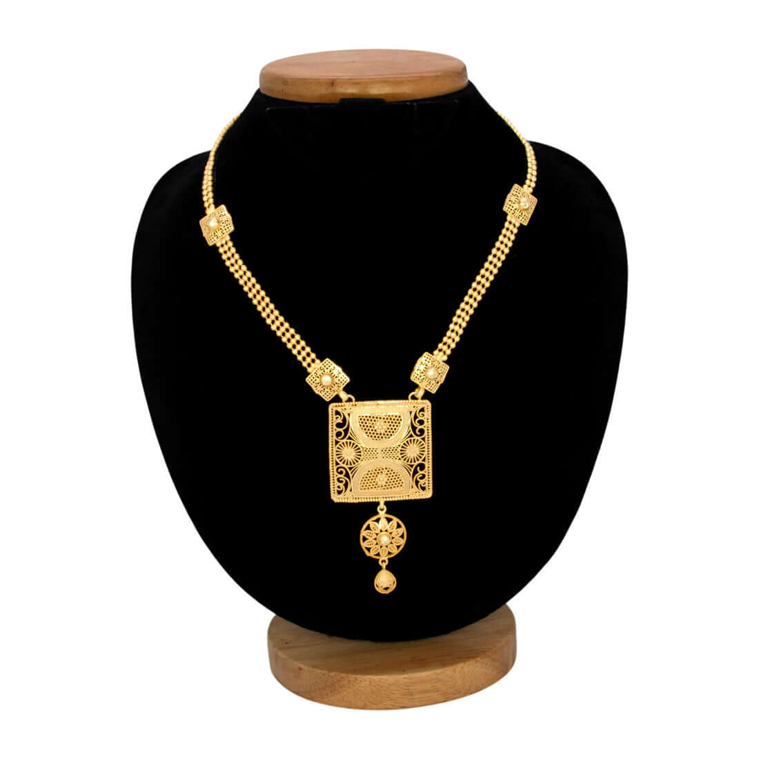 Matte Gold Plated Traditional Square Pendant Necklace displayed on a bust with ornate filigree and floral design.