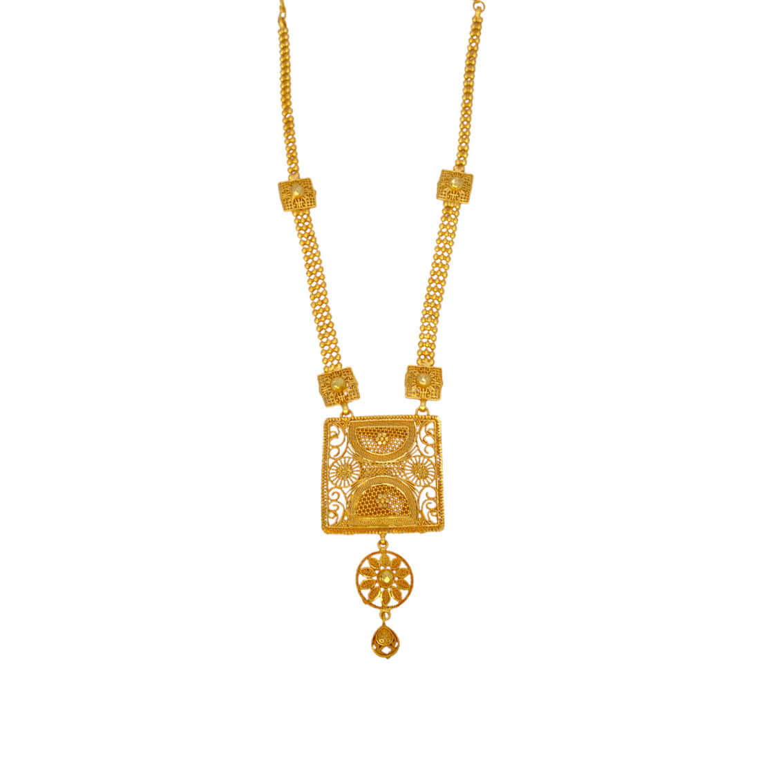 Matte Gold Plated Traditional Square Pendant Necklace with decorative square motifs and filigree detail.