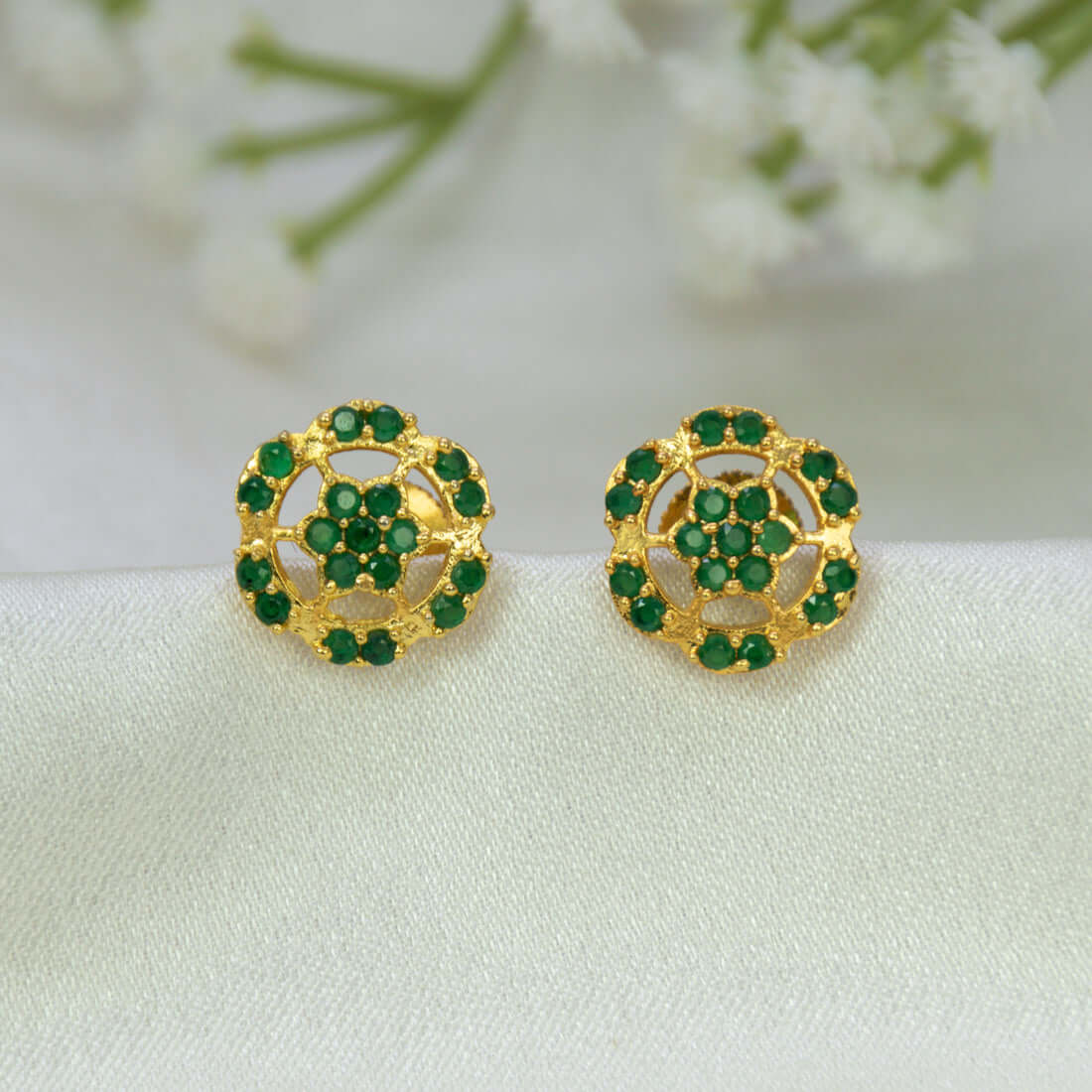 Gold-Plated Floral Stone Stud Earrings