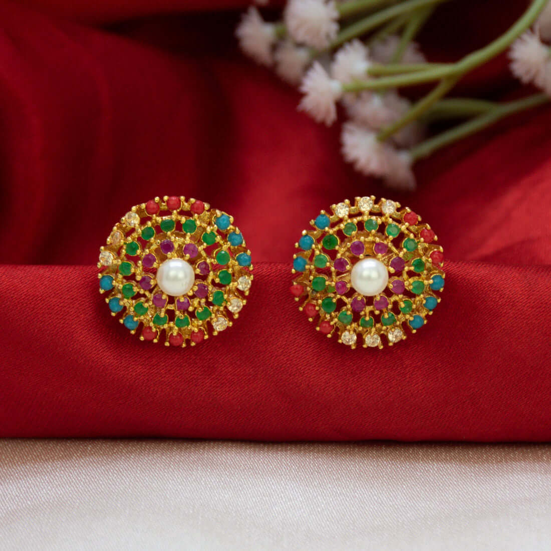 Gold-Plated Multicolour Stone Stud Earrings