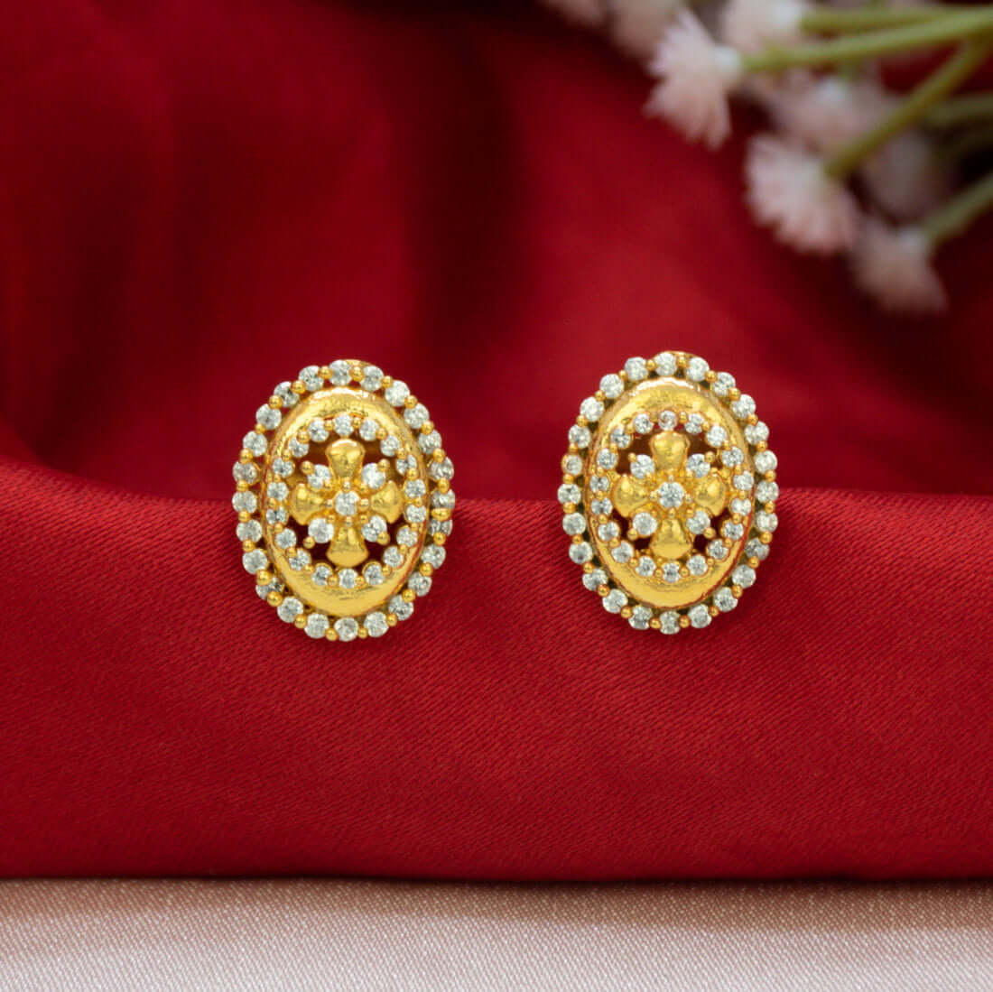 Gold-Plated Oval CZ Stone Stud Earrings