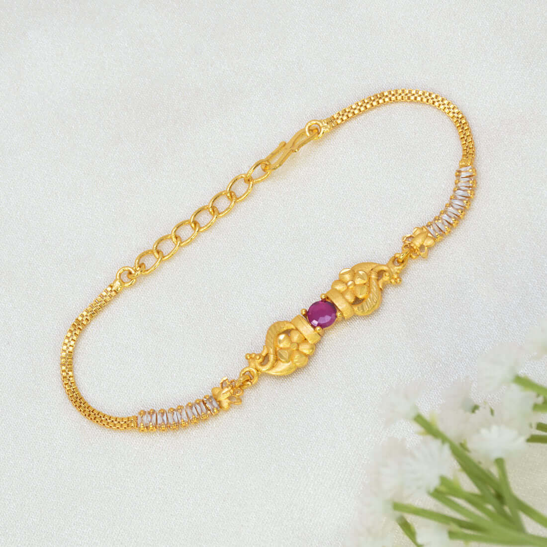 Gold-Plated Ruby Baguette CZ Stone Peacock Bracelet
