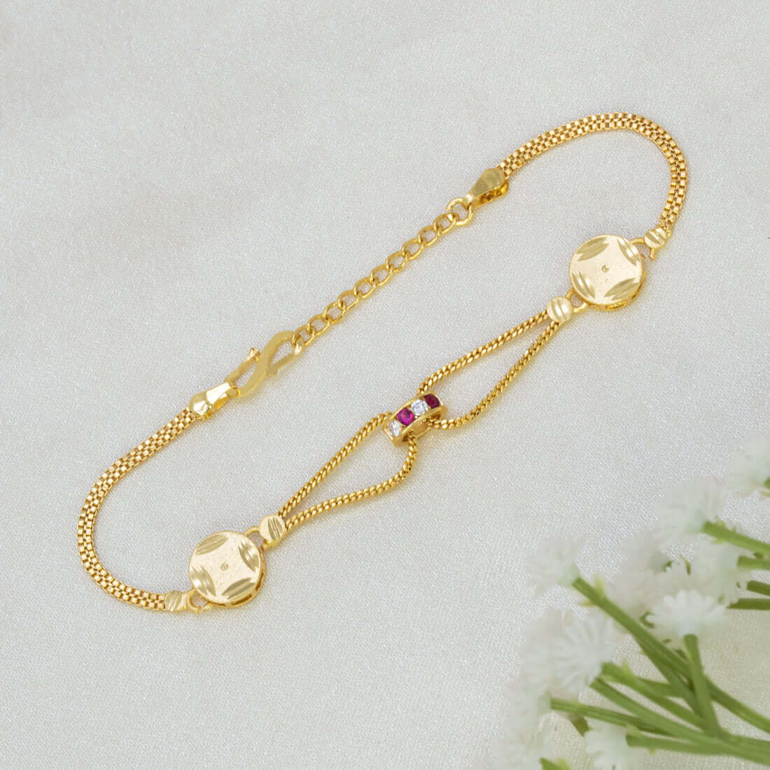 Gold-Plated Ruby CZ Ring Charm Bracelet for Women