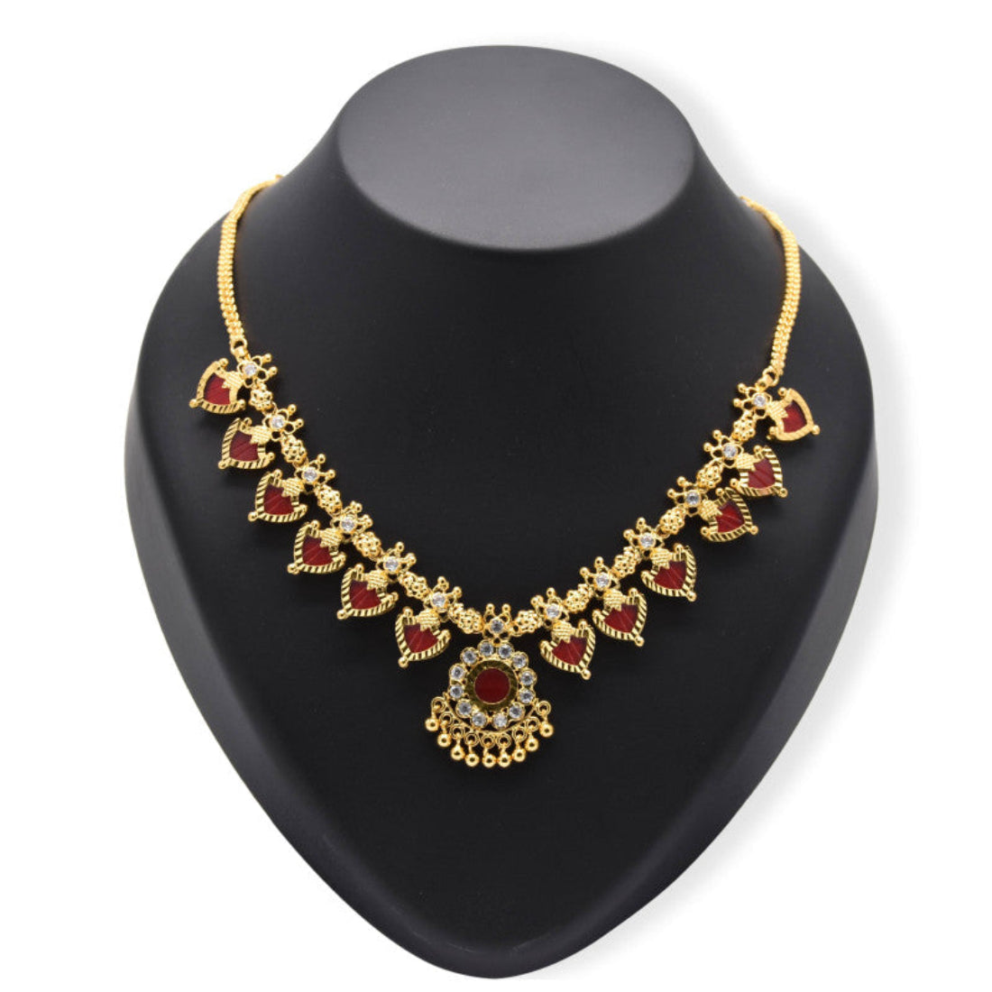 Gold Plated Ethnic Palakka Necklace - 6 Stones- Red