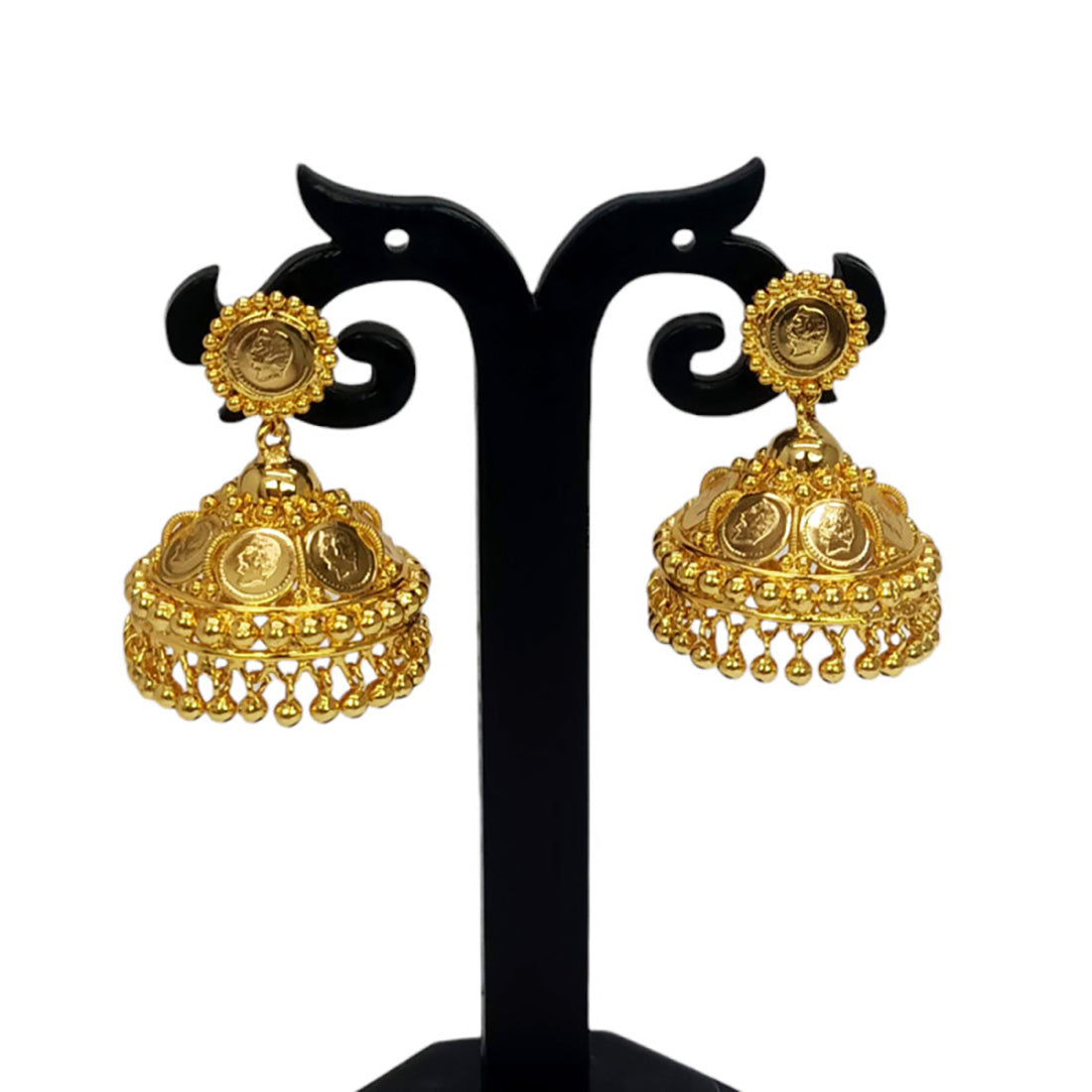 Gold plated ethnic coin kasu umbrella jumkas earrings