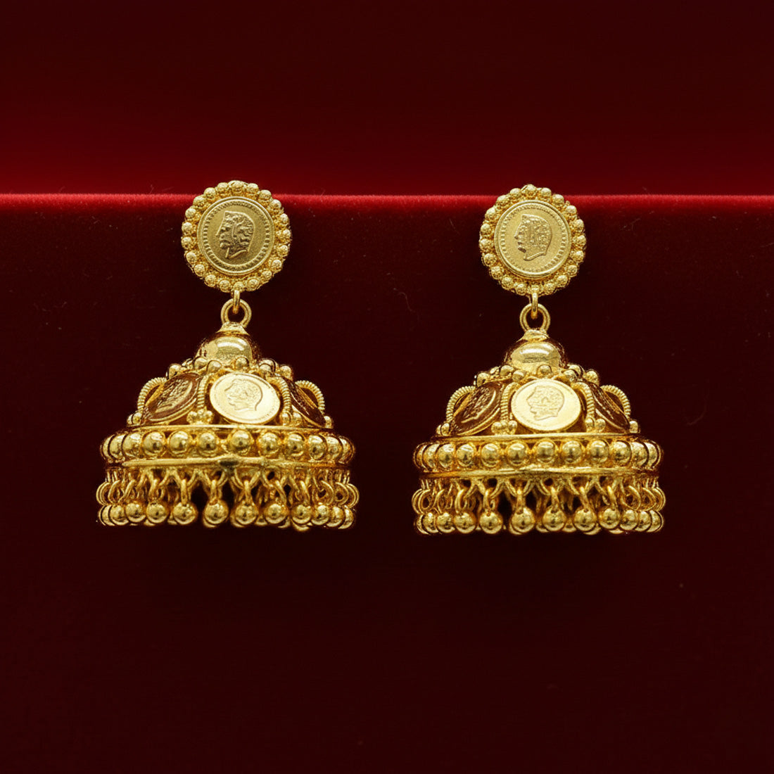 Gold plated ethnic coin kasu umbrella jumkas earrings
