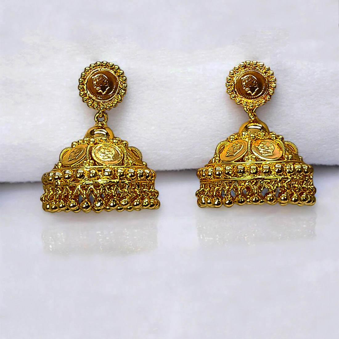 Gold plated ethnic coin kasu umbrella jumkas earrings