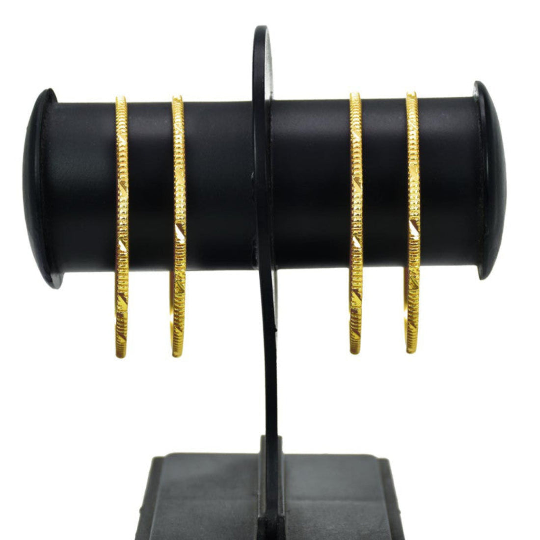 Gold Plated Medium MC Designer Bangles displayed on a stand, ideal for daily wear and special occasions.