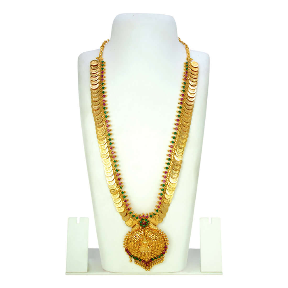 Gold Plated Ruby Emerald Lakshmi Kasu Haram With Pendant displayed on a bust stand.