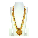 Gold Plated Ruby Emerald Lakshmi Kasu Haram With Pendant displayed on a bust stand.