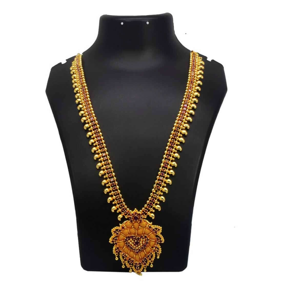 Gold-plated-ruby-mango-heart-pendant-long-necklace