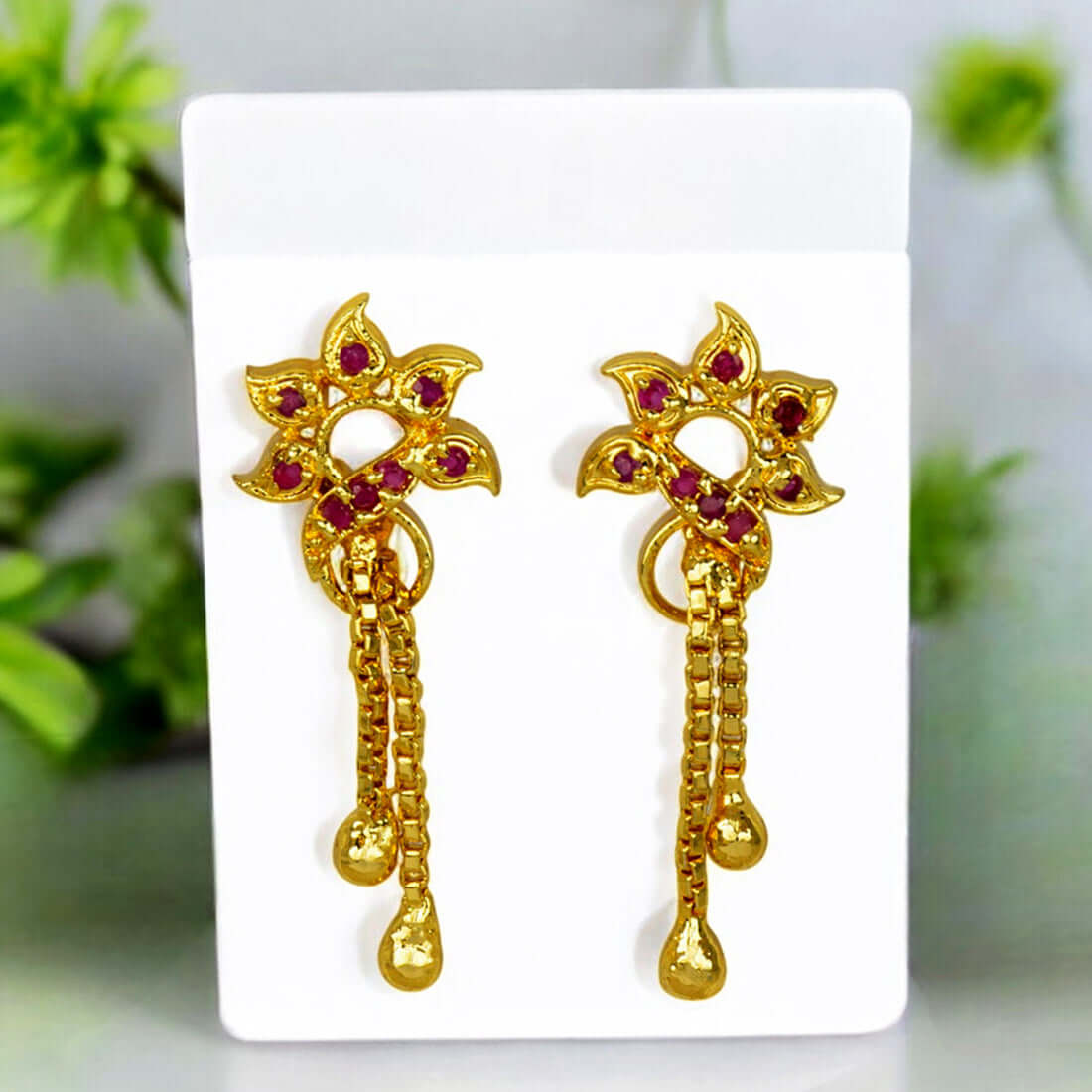 Stylish Gold Plated Box Chain Tassels Floral Stone Earrings