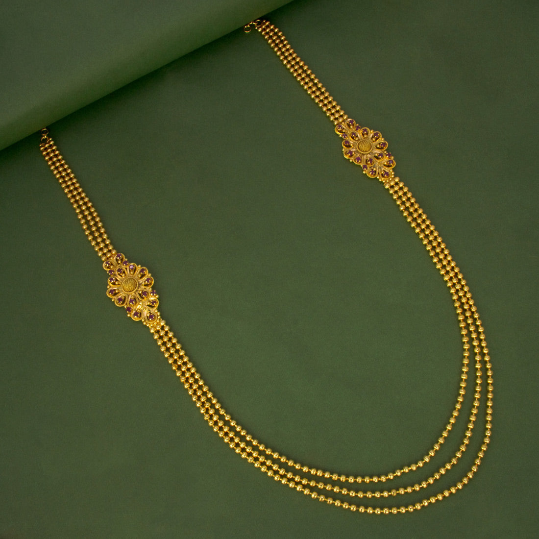 Gold Plated Three Strand Floral Double Side Mugappu Necklace