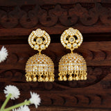 Gold Plated CZ Stone Beads Hanging Jhumka Earrings-American Diamond