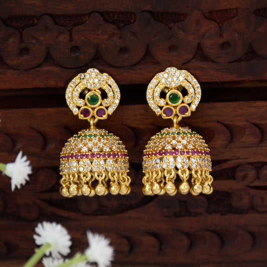 Gold Plated CZ Stone Beads Hanging Jhumka Earrings-Ruby Emerald & CZ