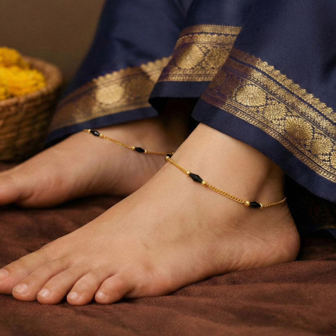 Delicate Gold Plated Curb Chain Black Crystal Anklets