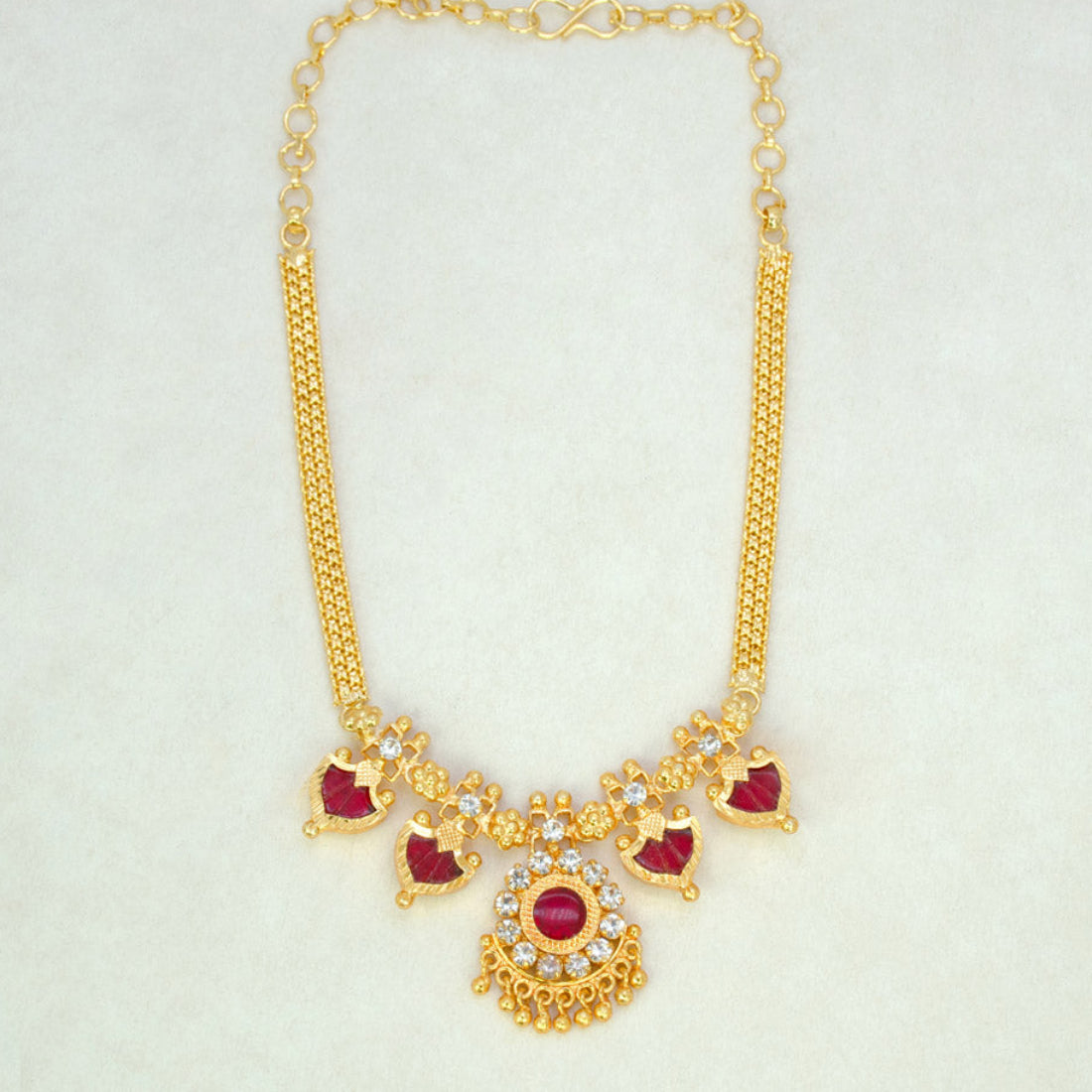 Gold Plated Double Palakka Necklace Red