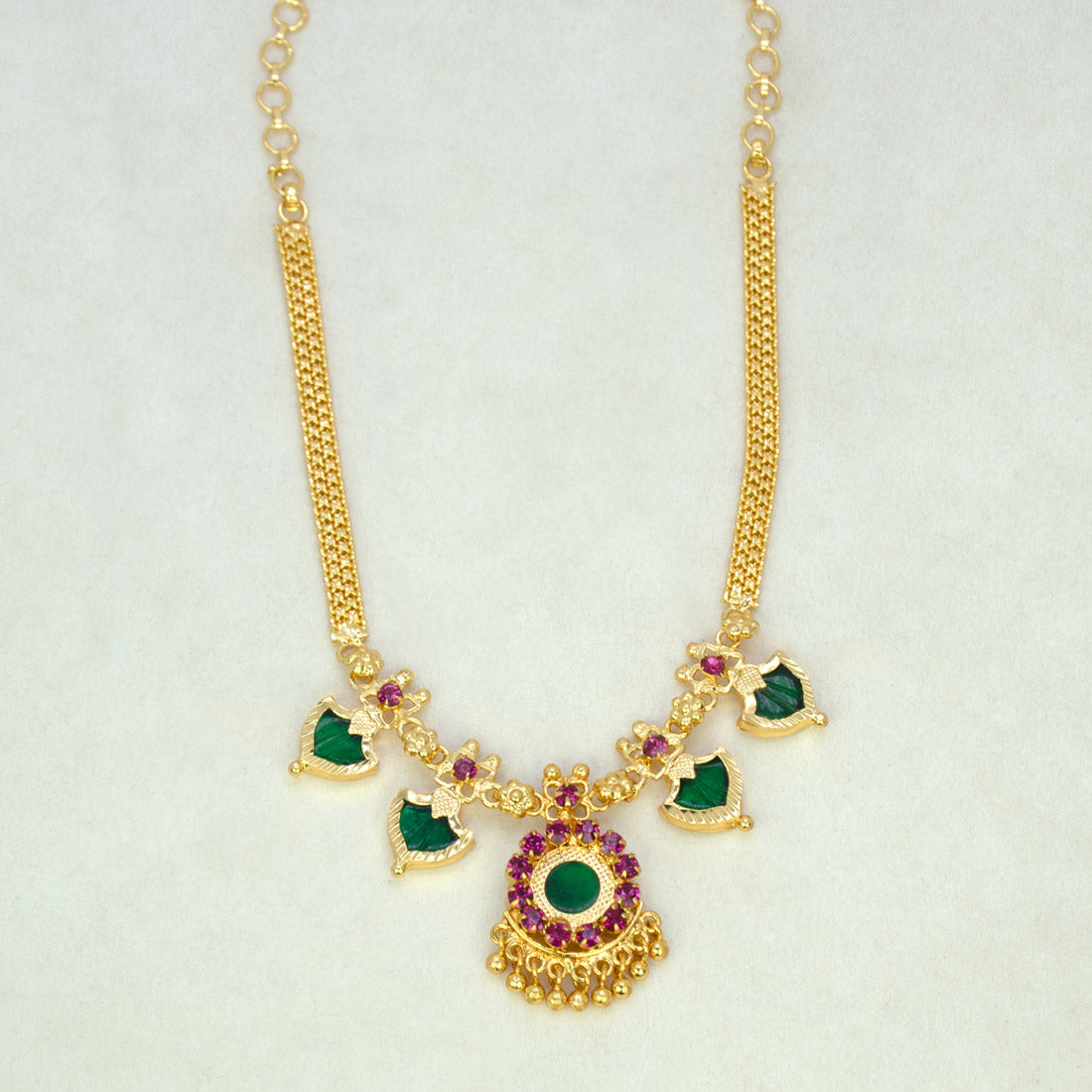 Gold Plated Double Palakka Necklace Dark Green