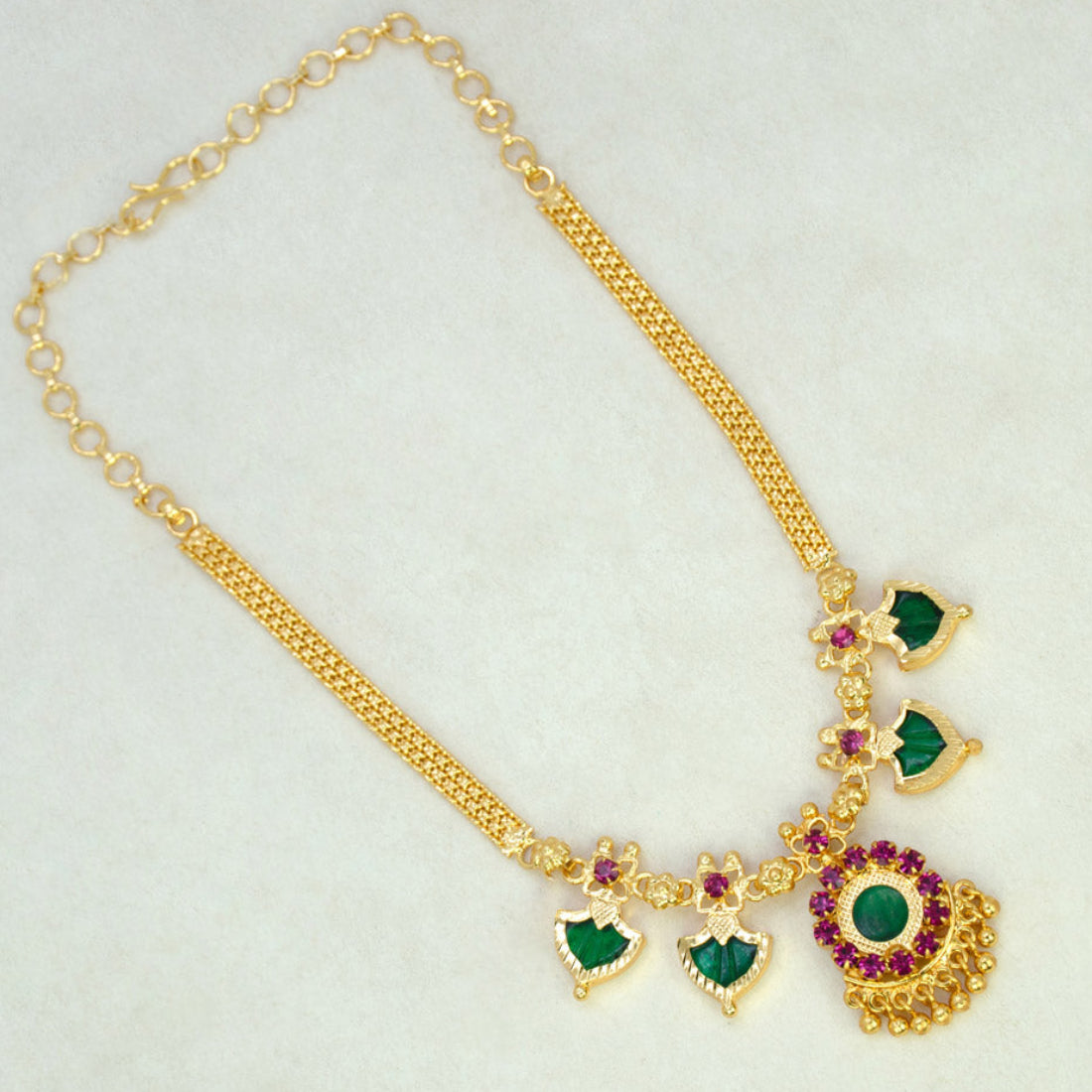 Gold Plated Double Palakka Necklace Dark Green