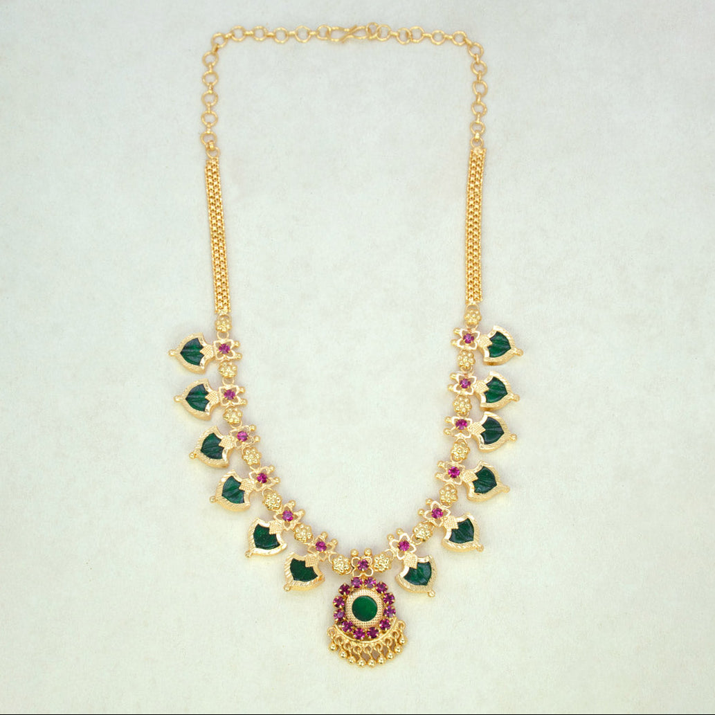 Gold Plated Ethnic Palakka Necklace - 6 Stones- Green