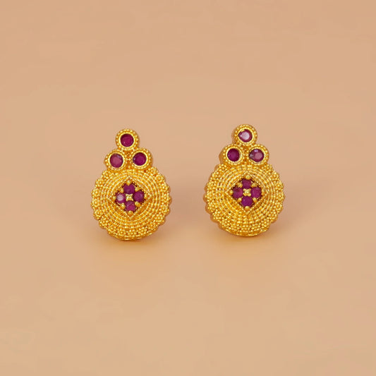 Gold Plated Floral Stone Studded Earrings-Ruby