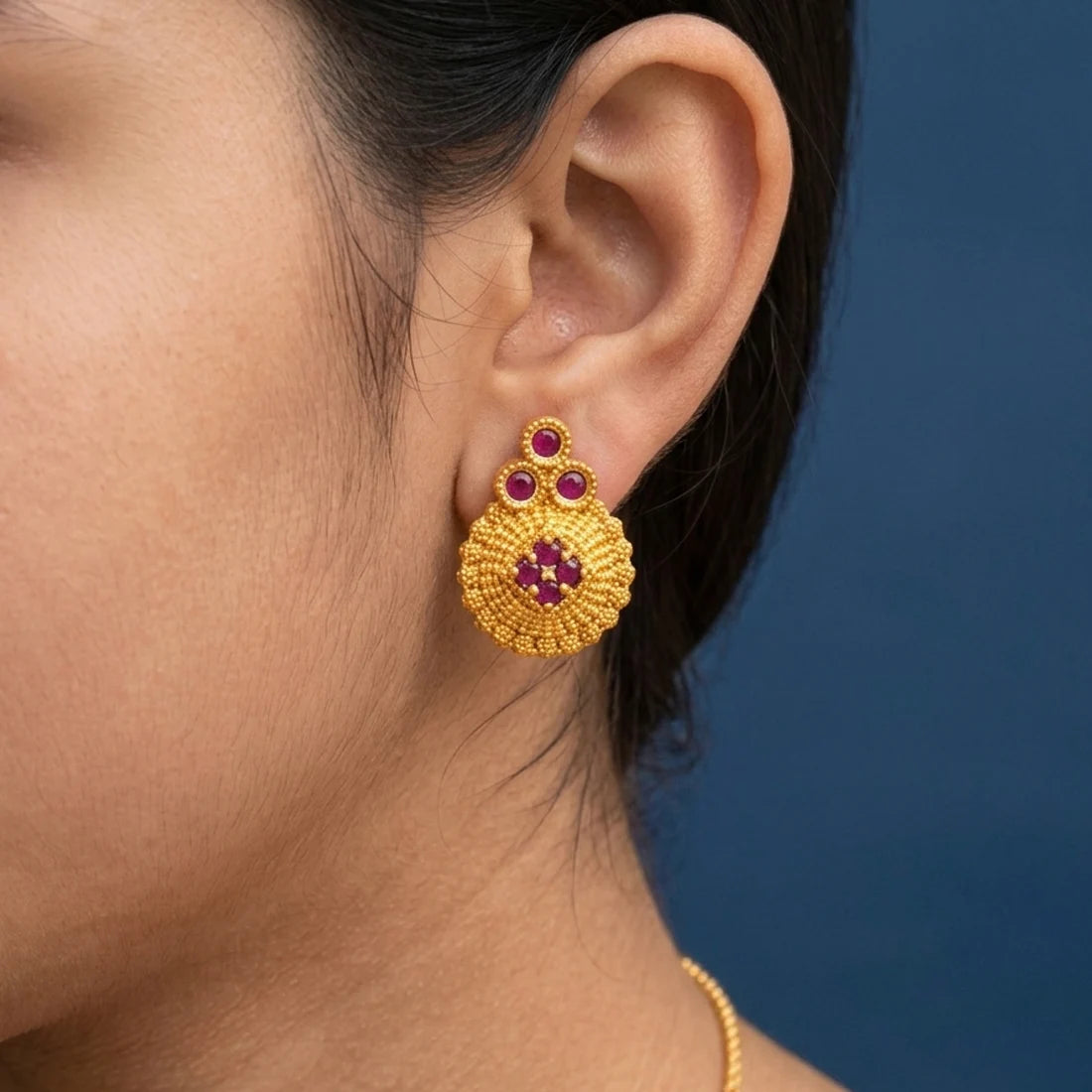 Gold Plated Floral Stone Studded Earrings-Ruby