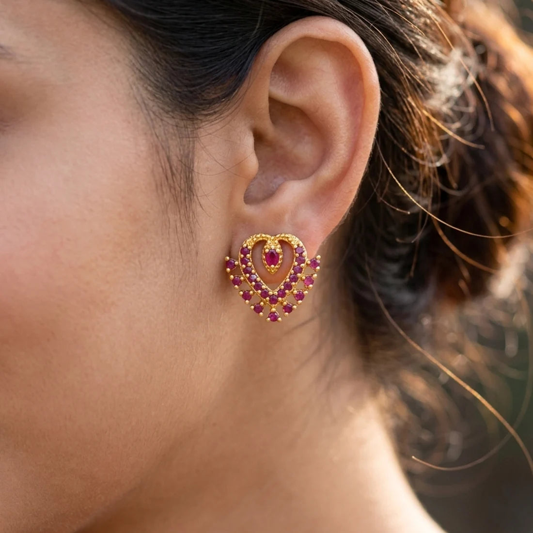 Gold Plated Heart Design Stone Studs-Ruby