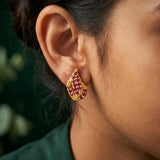 Gold Plated Leaf Model Stone Stud-Ruby