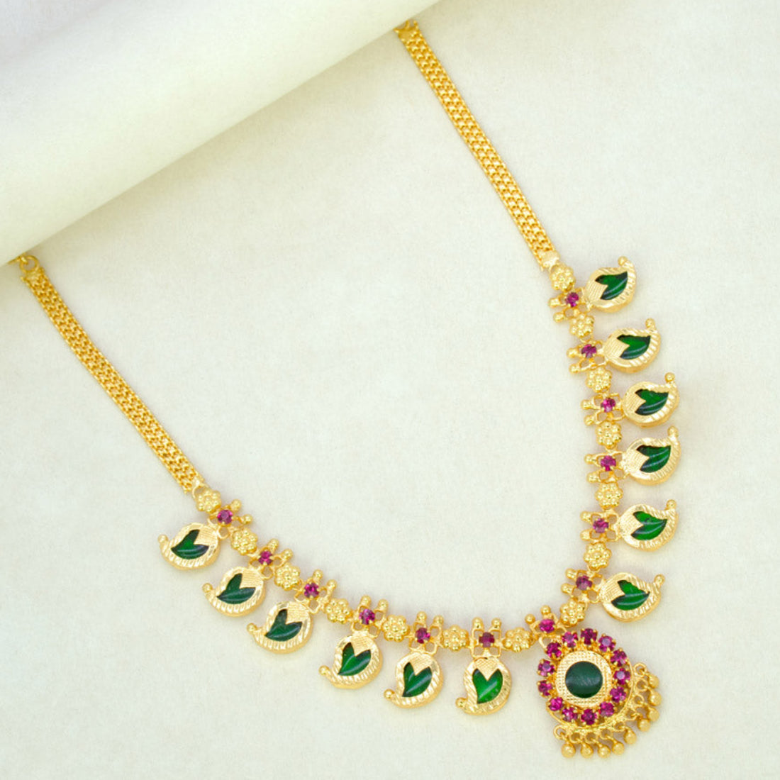 Kerala Traditional Gold Plated Mango Necklace - 6 Stones - Green