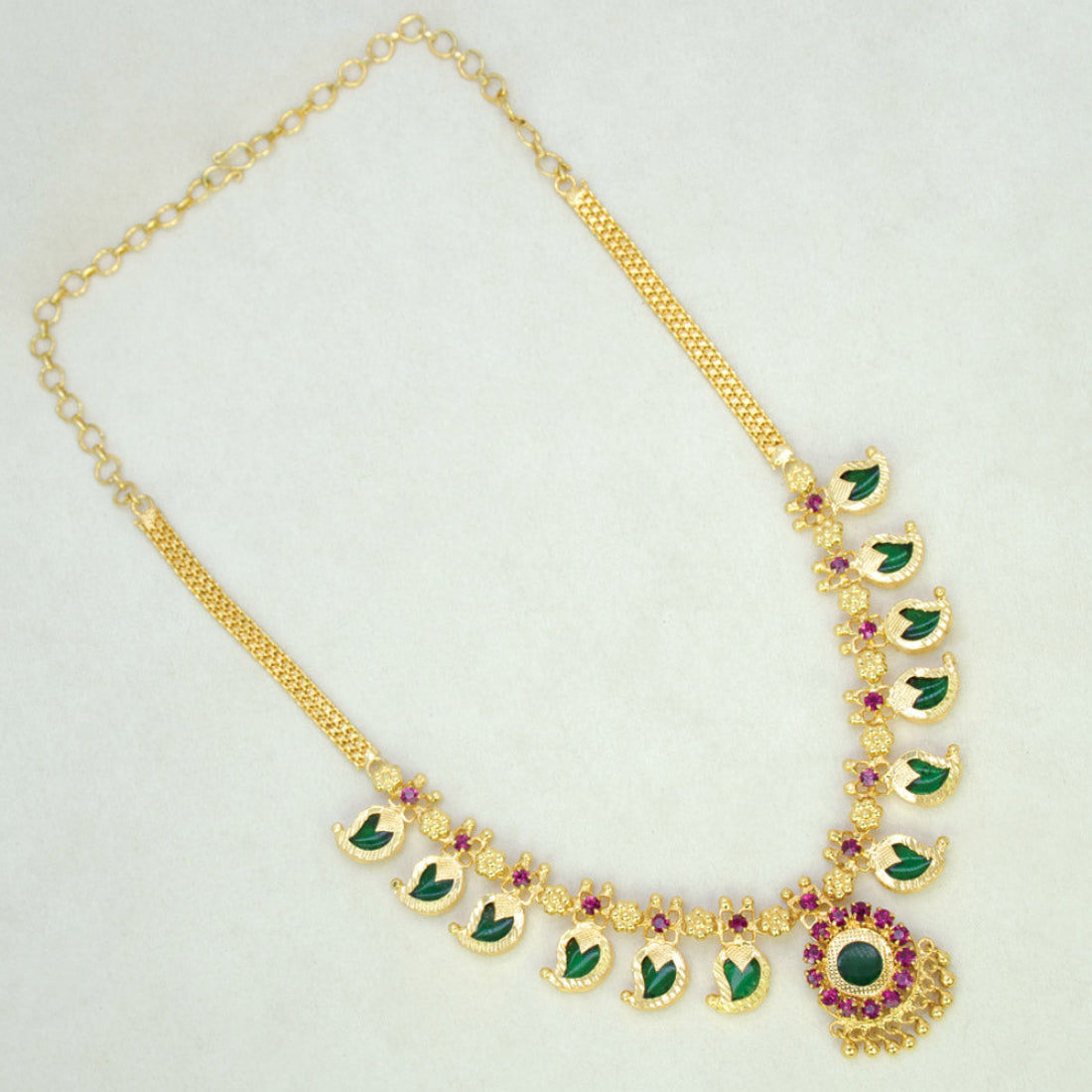 Kerala Traditional Gold Plated Mango Necklace - 6 Stones - Green