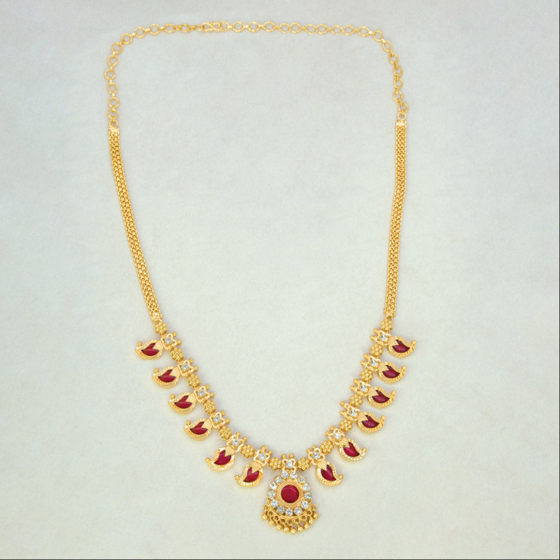 Kerala Traditional Gold Plated Mango Necklace - 6 Stones - Red