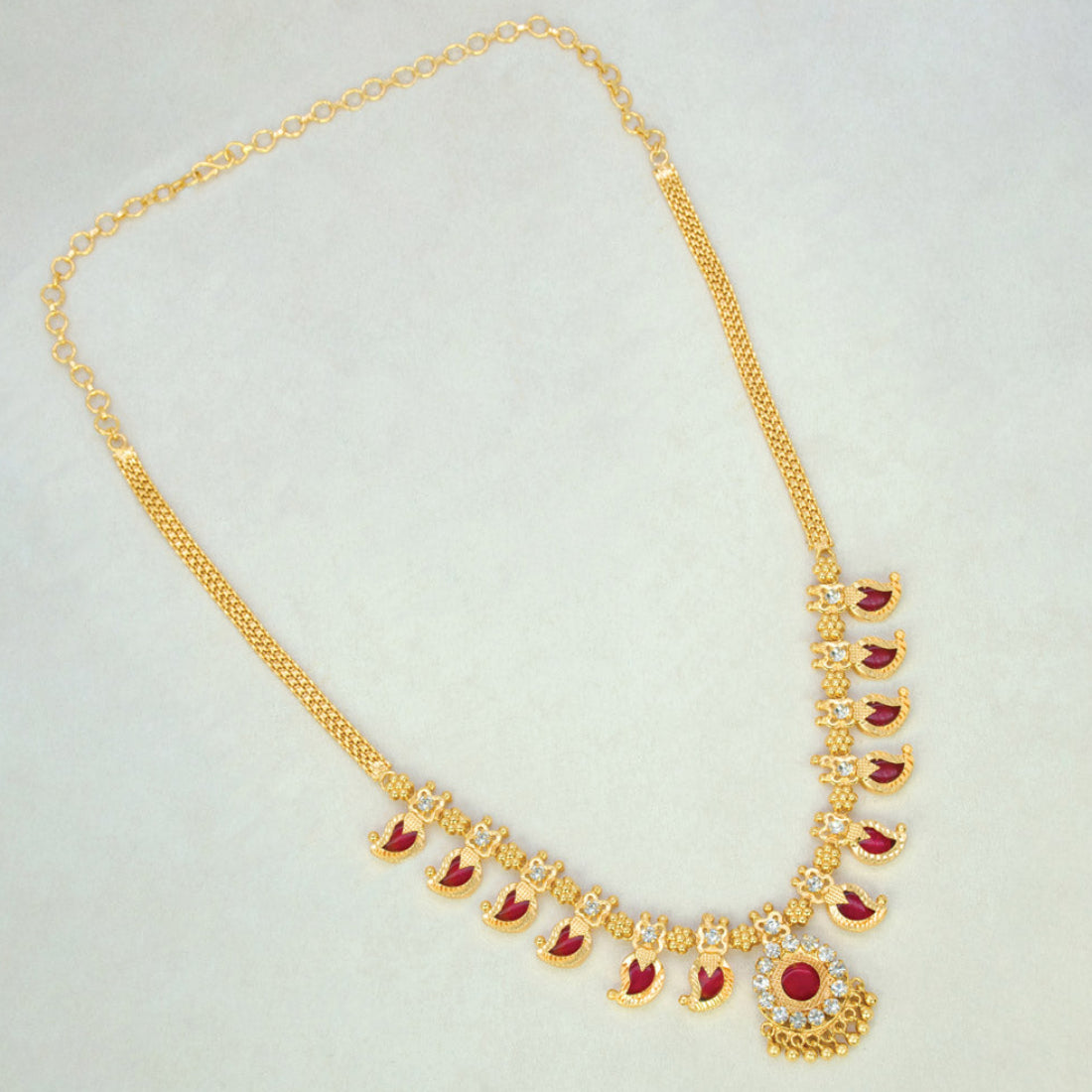 Kerala Traditional Gold Plated Mango Necklace - 6 Stones - Red