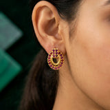 Gold Plated Oval Design Stone Studded Earring-Ruby-cover